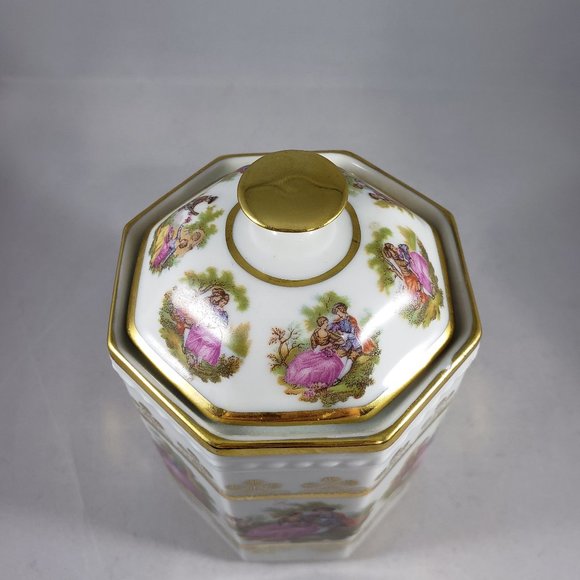 Birks Fragonard "Courting Couple" Patern Octagonal Container with Gold Trim - Picture 3 of 8